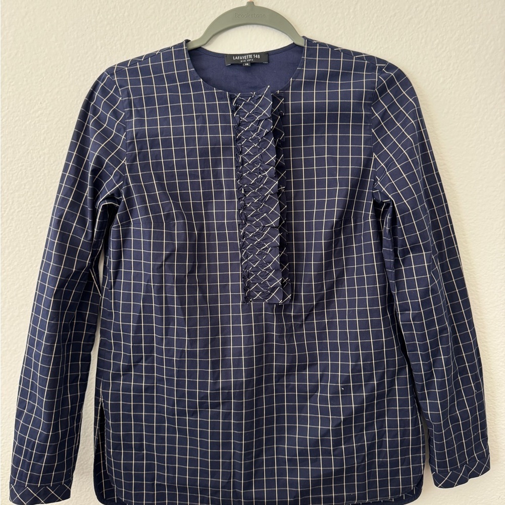 Lafayette 148 New York Navy Plaid Blouse